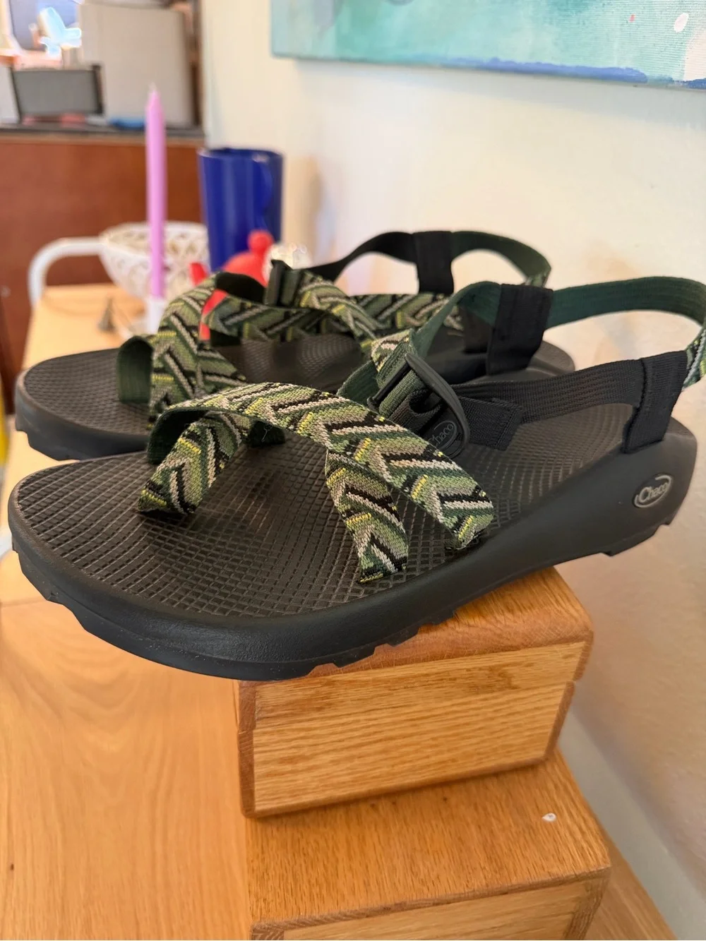 Chaco Men's Black Sandals with Green Patterned Straps